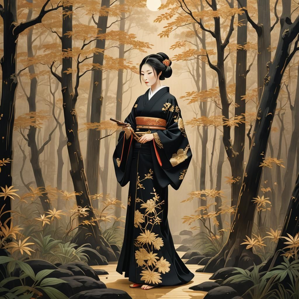 Woman in Kimono: Traditional Japanese Woodblock Print