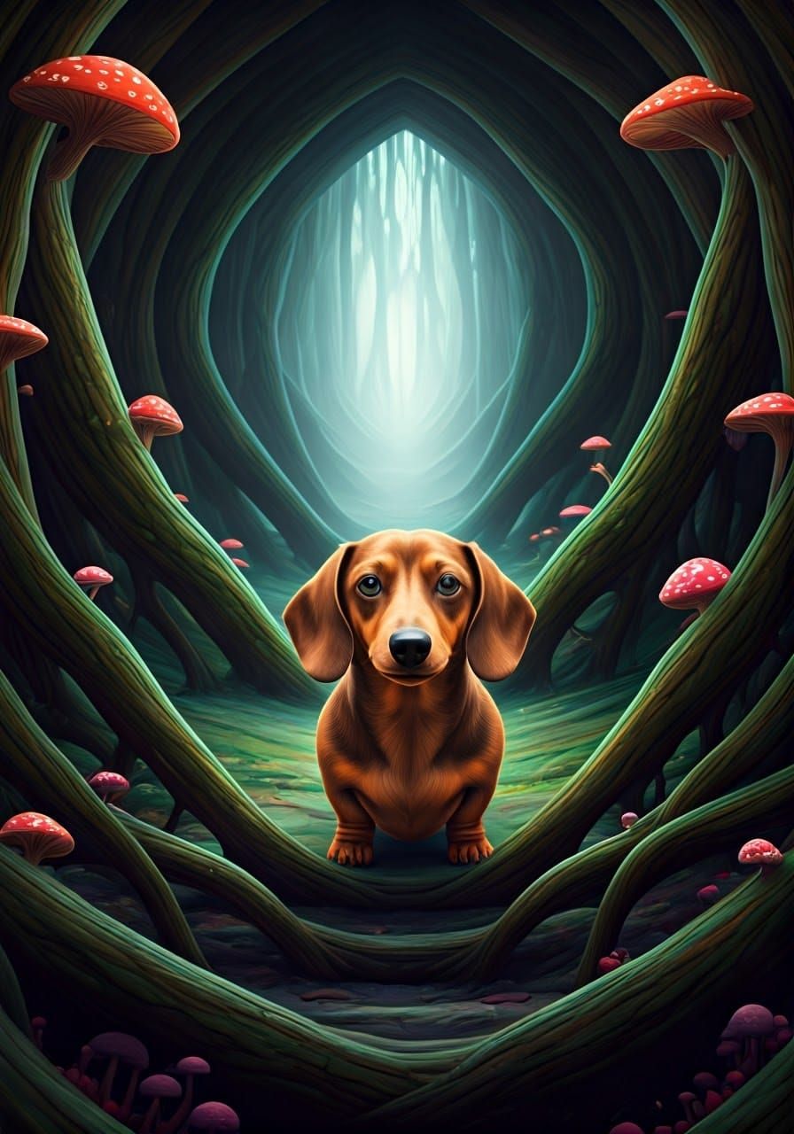 Dachshund Kurumi in Vibrant Fantasy Landscape