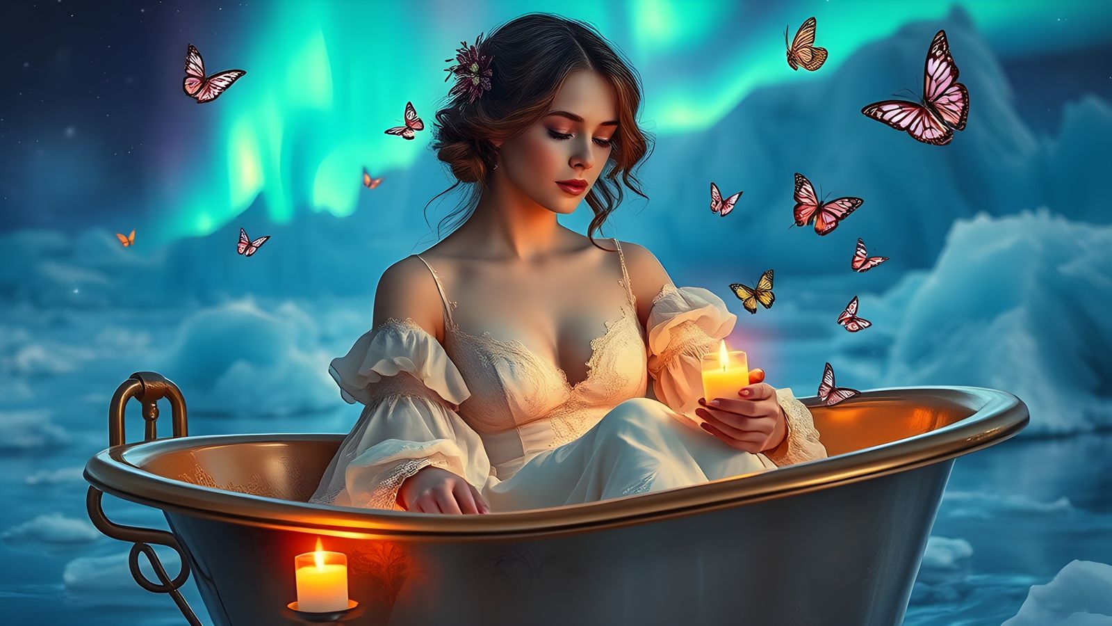 Victorian Woman in Glacial Scene, Gouache and Watercolor Sty...