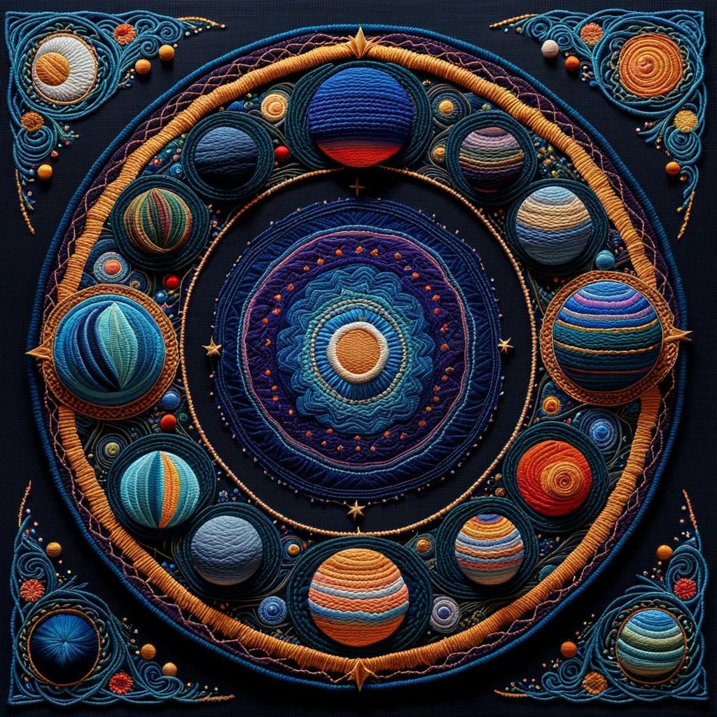 Gas Giant with Seven Moons as Embroidery