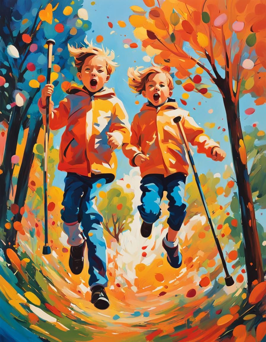 Abstract Expressionist Kids on Pogo Sticks