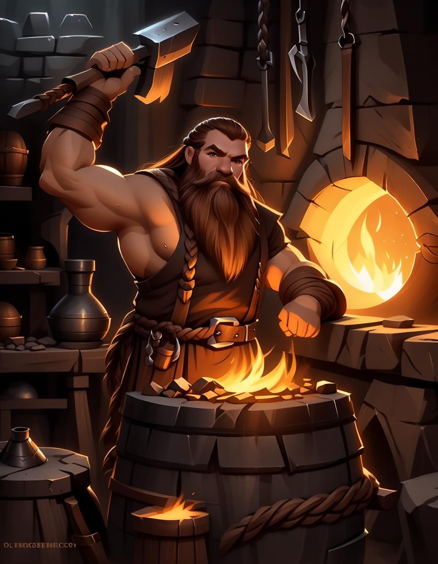 Fantasy Dwarf Blacksmith in Forge Room