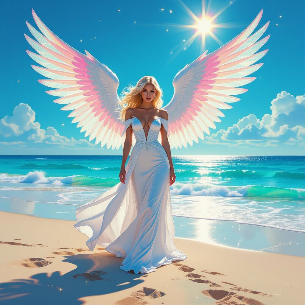 Surreal Angel on Vibrant Beach in Oil Painting Style