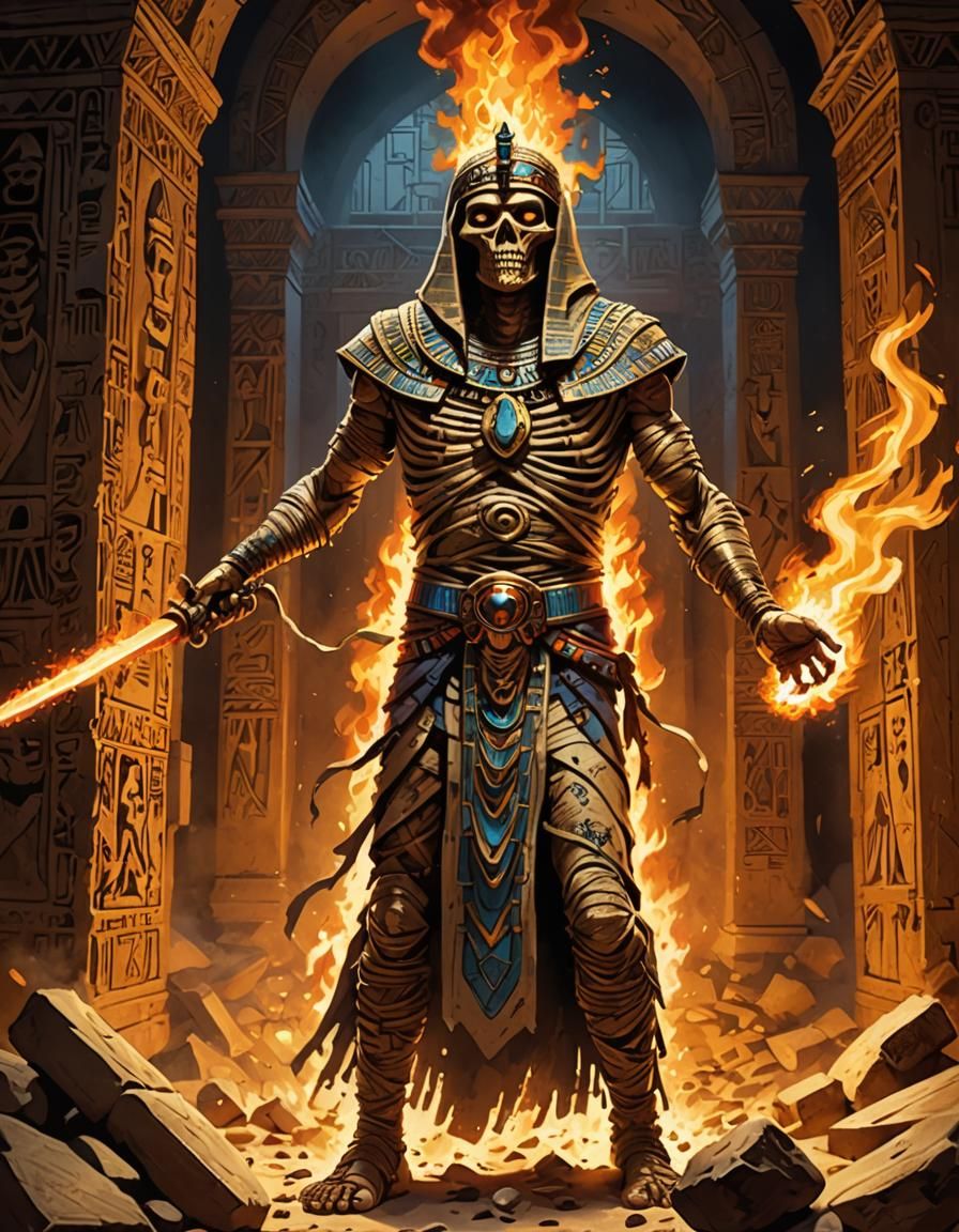 Animated Mummy with Flaming Khopesh in Ancient Tomb