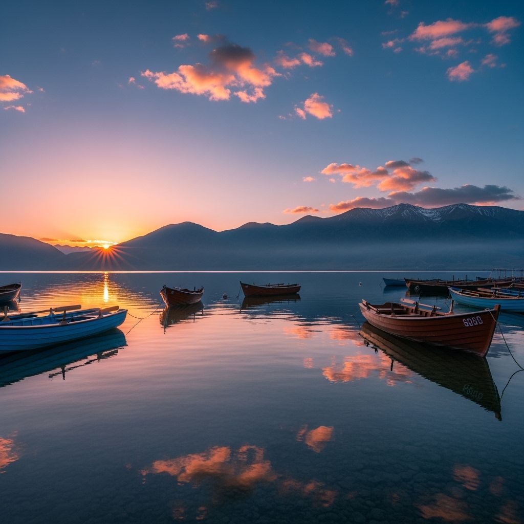Crystal Lake at Dusk with Glowing Sunset Over Mountains