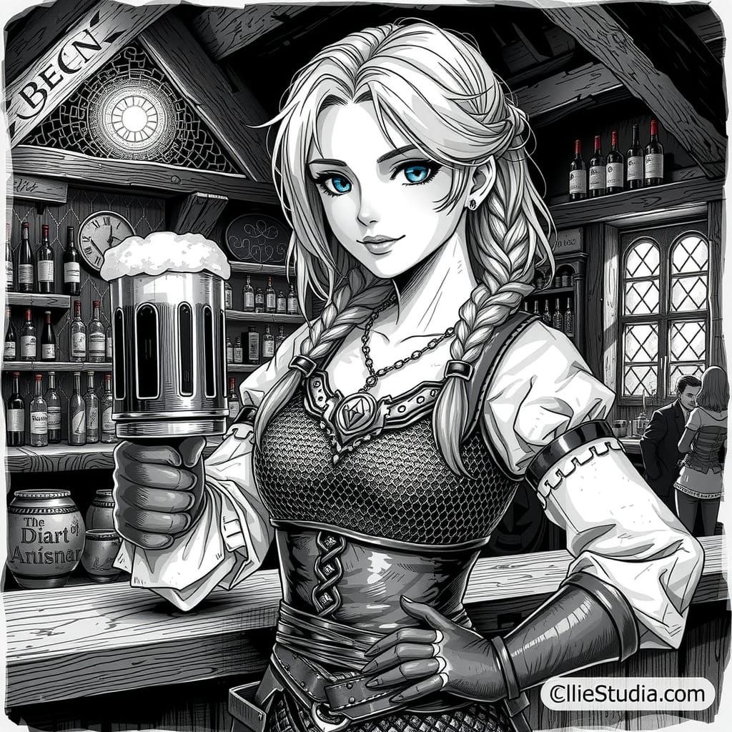 Anime Witcher Girl in Tavern with Beer