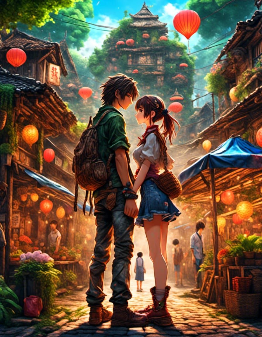 Romantic Couple Embrace in Anime 3D Style