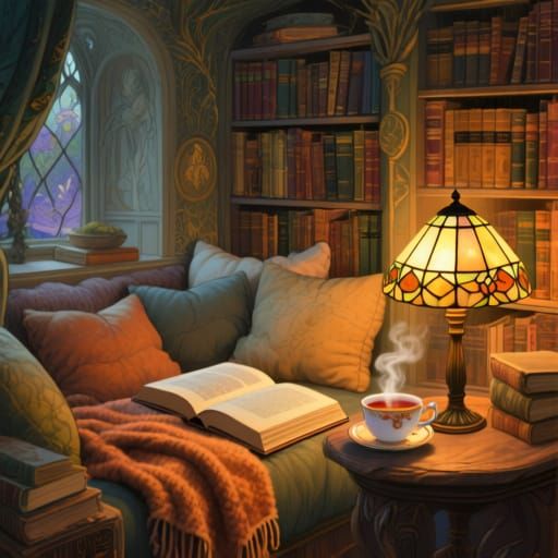 Cozy Reading Nook with Tiffany Lamp and Antique Books
