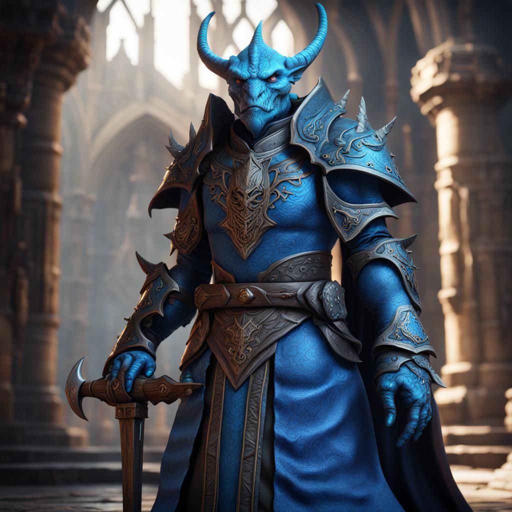 Blue Dragonborn War Priest in Detailed Matte Painting