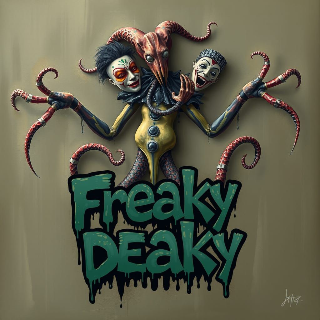 Large dancing harlequin/squid hybrid; prominent tentacles; k...