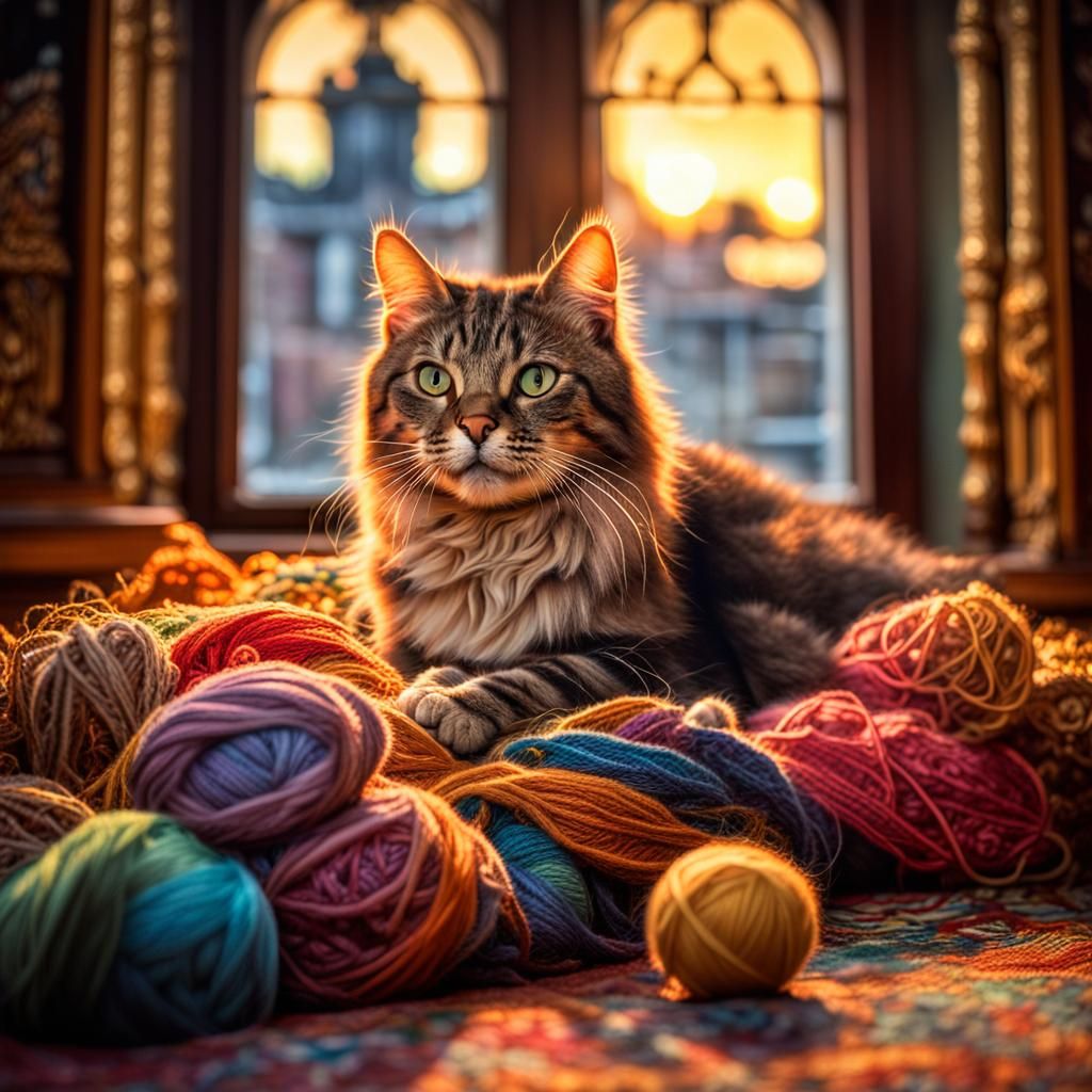 Relaxed Cat with Yarn in 3D Game Cinematic Style