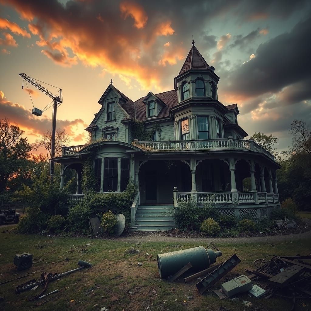 Abandoned Victorian Mansion in Eerie Sunset