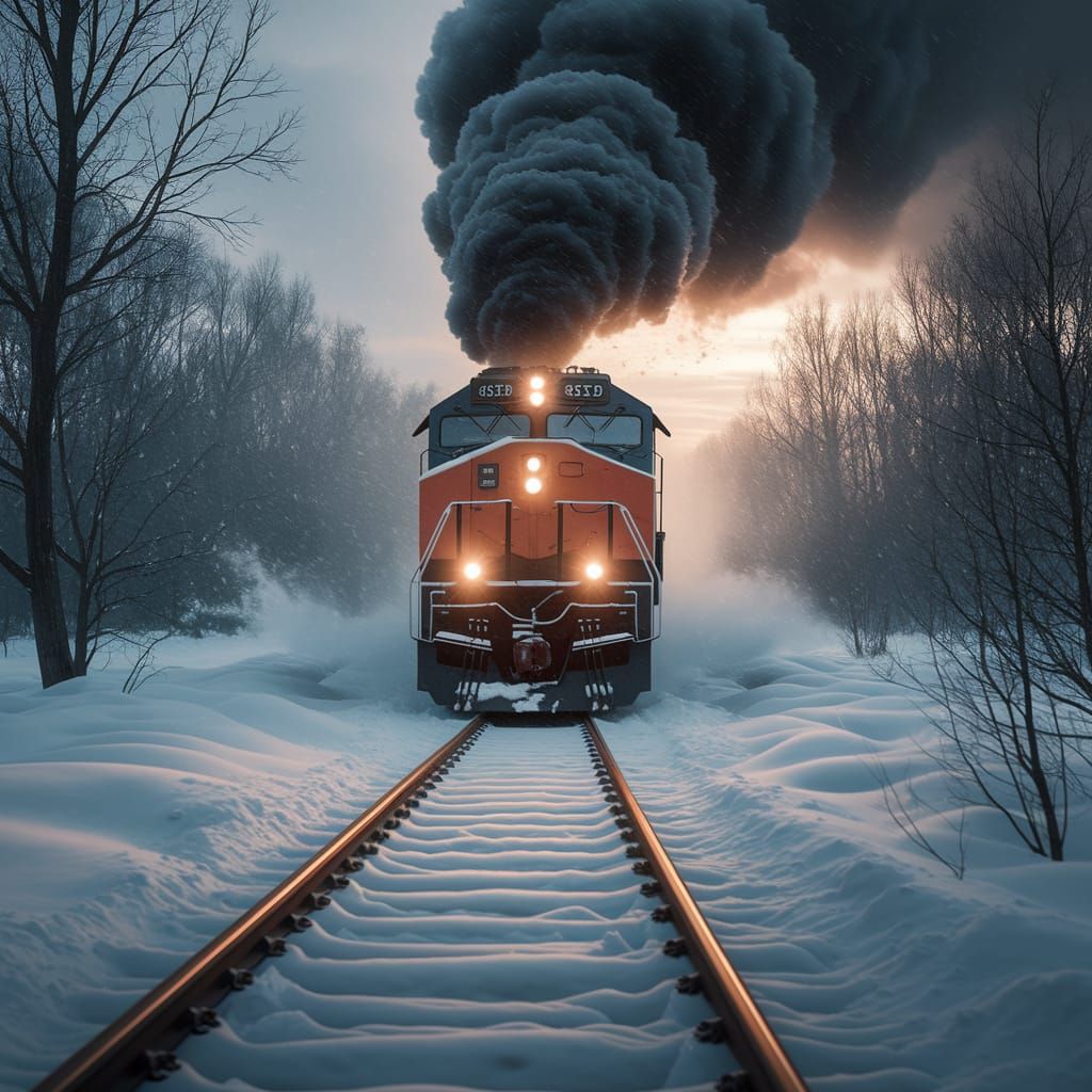 Powerful Locomotive Emerging from Winter Blizzard Cinematic