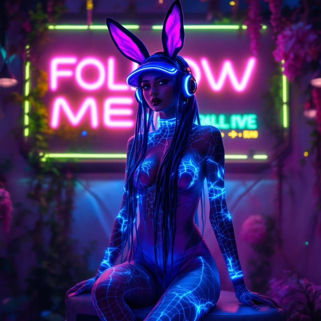 Cyber Bunny Goddess in Neon Wonderland
