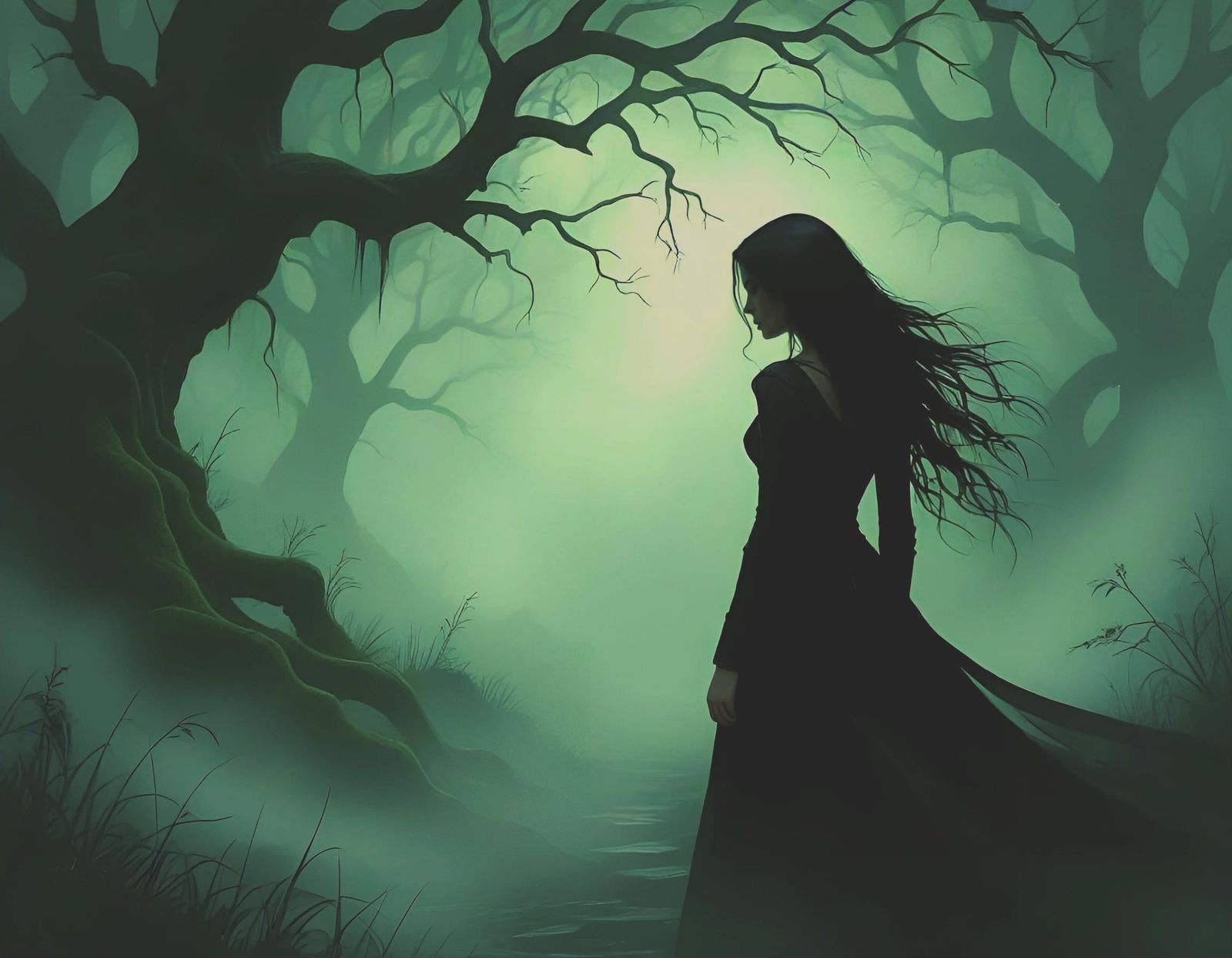 Gothic Fantasy Oil Painting of a Determined Woman in a Misty...