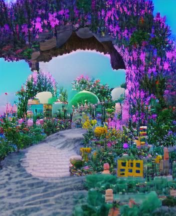 Cinematic Fairy Town Landscape with Flower Garden