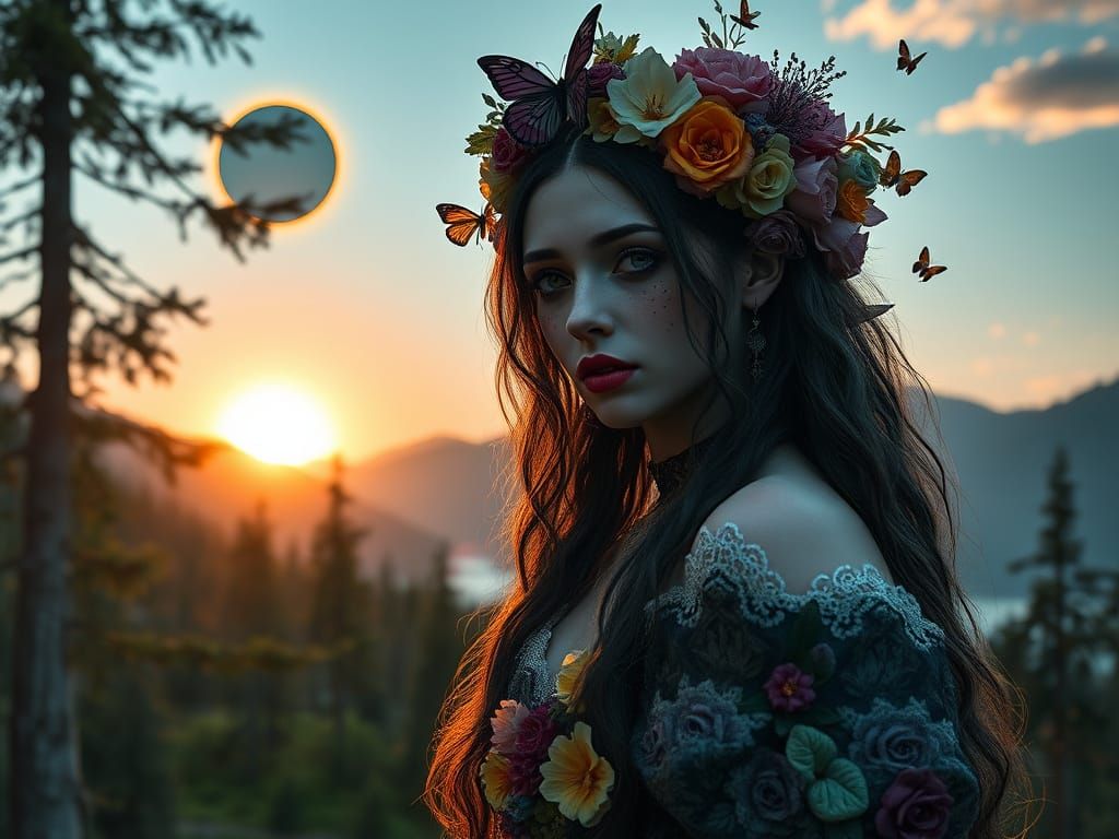 Mysterious Gothic Woman in Sunset Forest