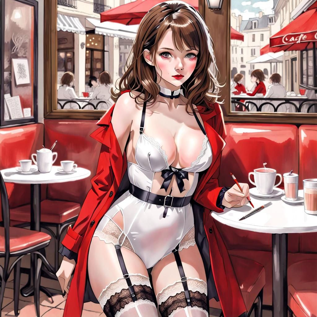 Woman in Red Coat in French Cafe, Pencil Art