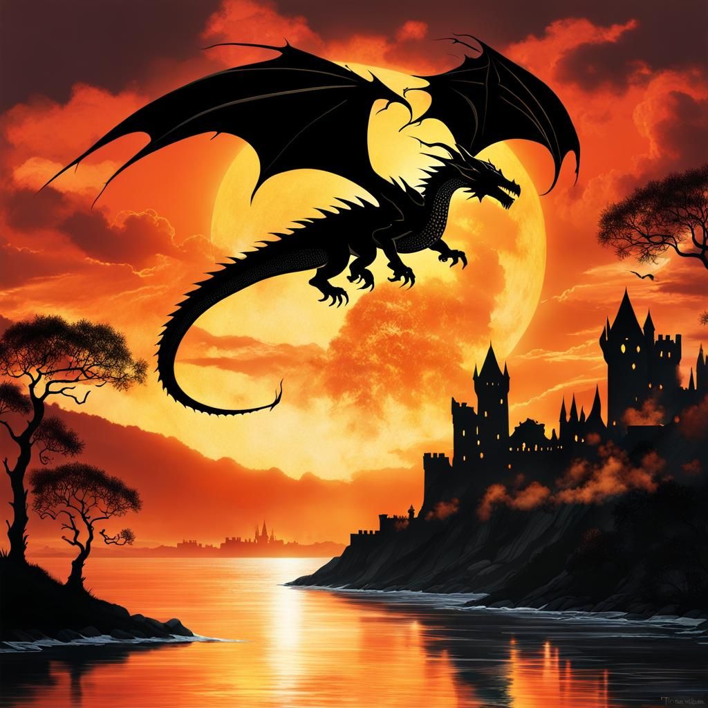 Dragon Rider Silhouette Over Medieval City