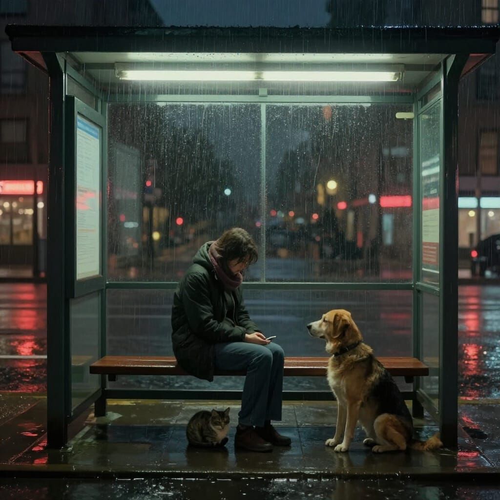 Melancholy Bus Stop Scene with Companions