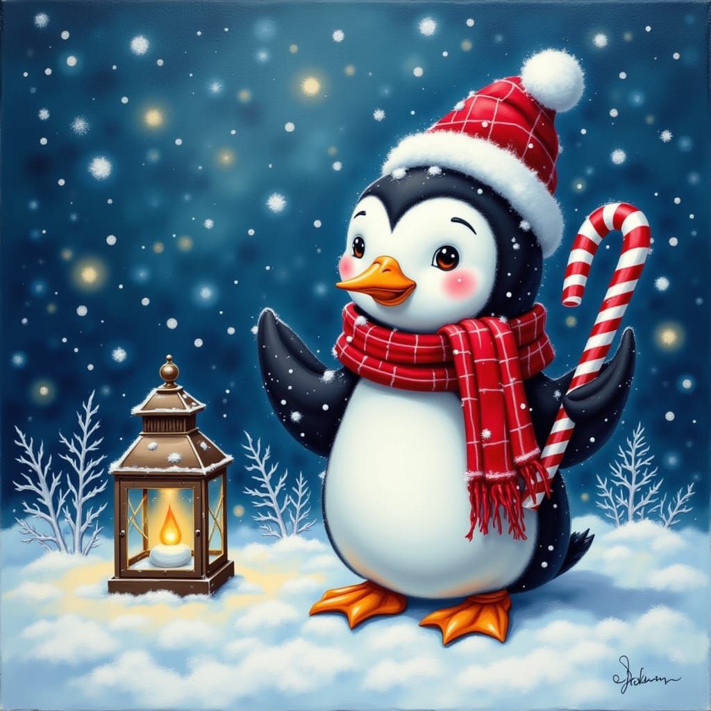 Round Baby Penguin with Giant Candy Cane and Snowy Lantern