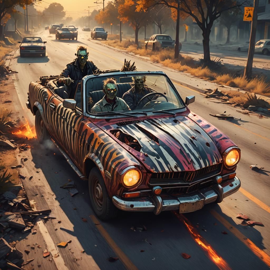 Zombie Driver in Crashed Convertible: Dark Fantasy Concept