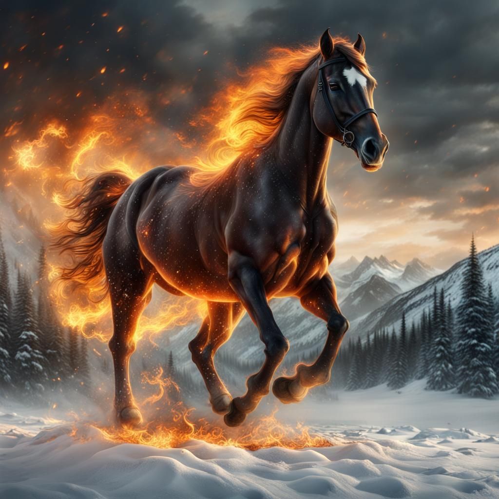 Fiery Horse on Snowy Ground: Dramatic Digital Painting