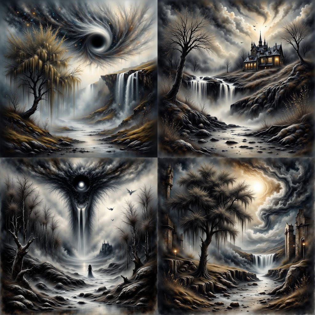 Gothic Landscape with Hurricane and Waterfall in Grunge Styl...