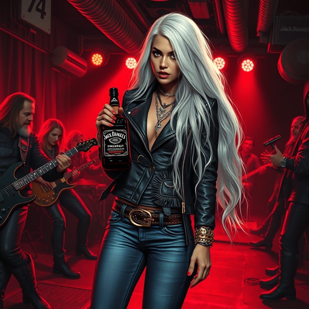 Gothic Latina Rockstar in Leather Jacket and High Heels