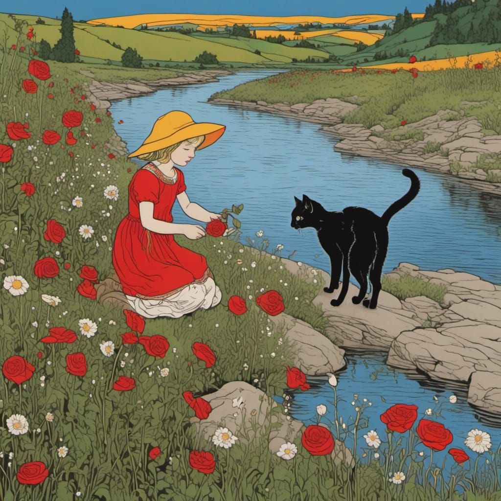 Cat Smelling Rose in Palekh Style