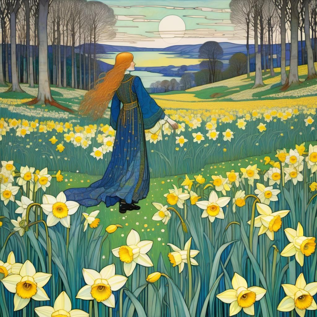 Daffodils in an Art Nouveau-Inspired Landscape