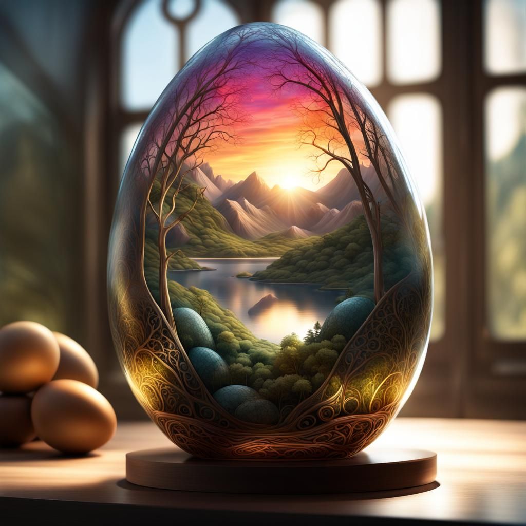Landscape Inside Glass Egg with Intricate Details
