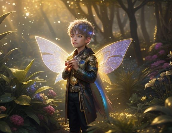 Mystical Fairy Garden with Boy in Golden Hour Light