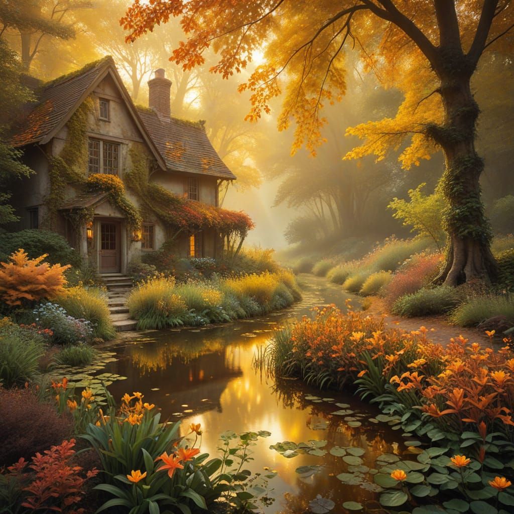 Mystical Autumn Landscape with Tudor Cottage