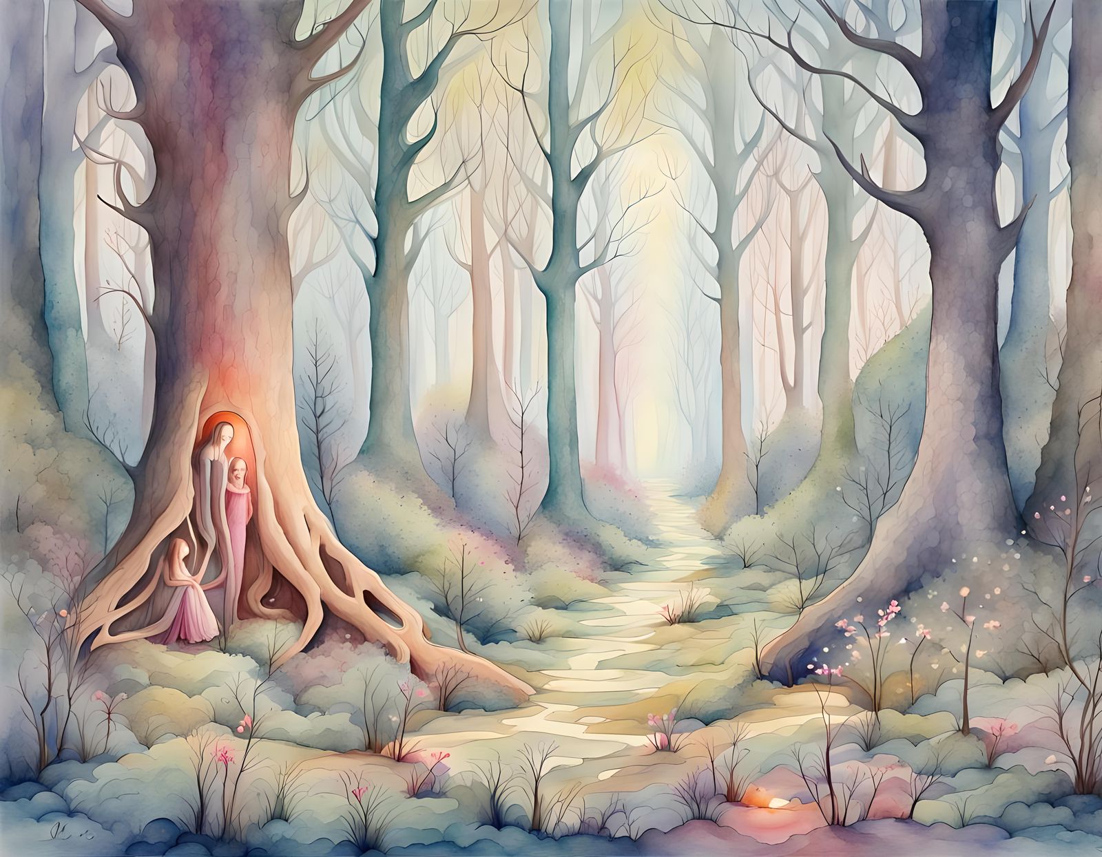 Mystical Fairy Forest Watercolor Painting
