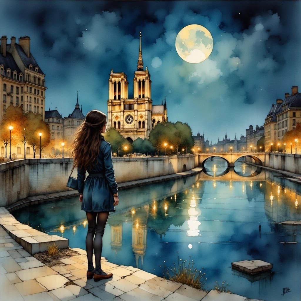 Notre Dame Reflection: Dreamy Watercolor Nightscape