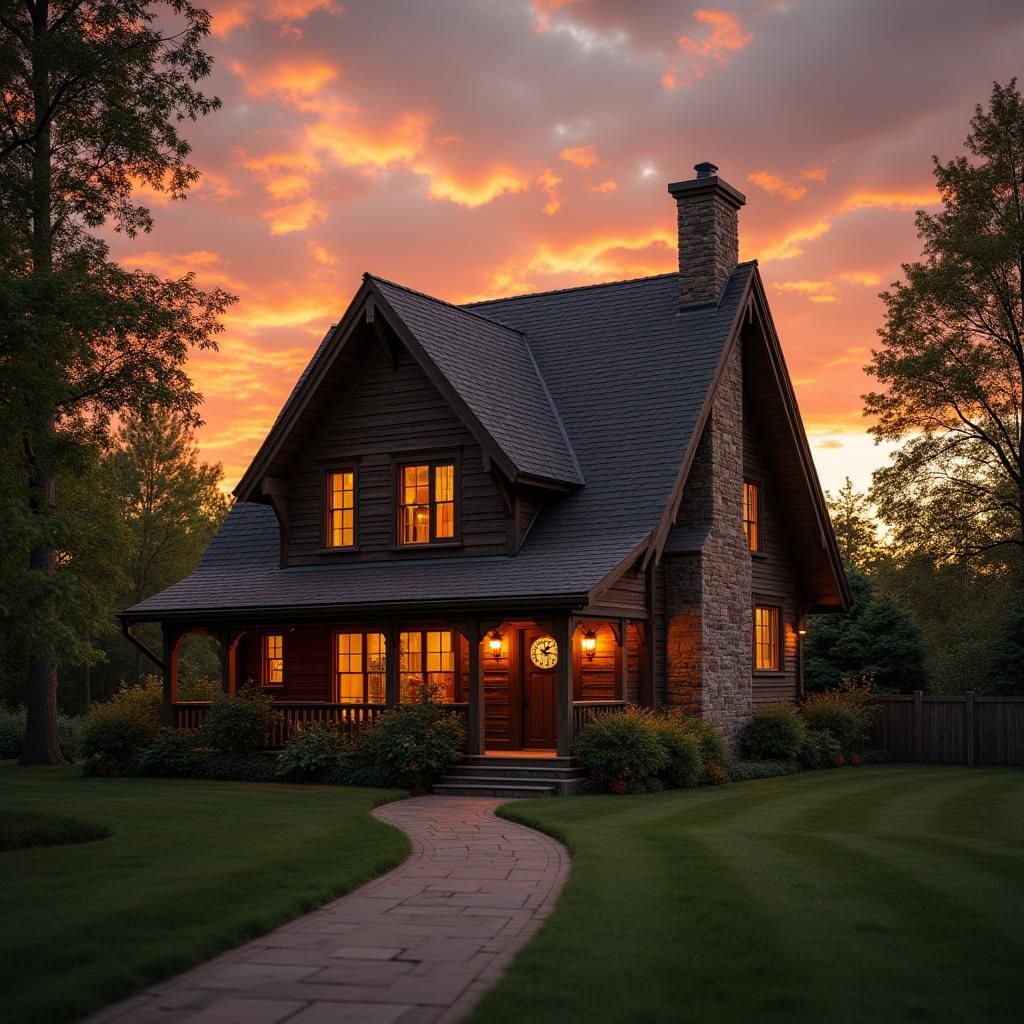 Surreal Sunset House with Clocks Among Trees