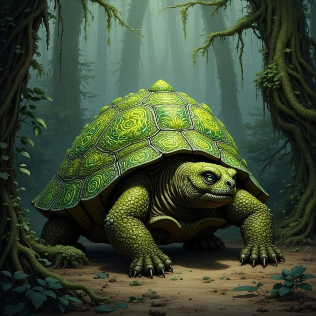 Wise Tortoise Paints Luminescent Patterns in Foggy Jungle