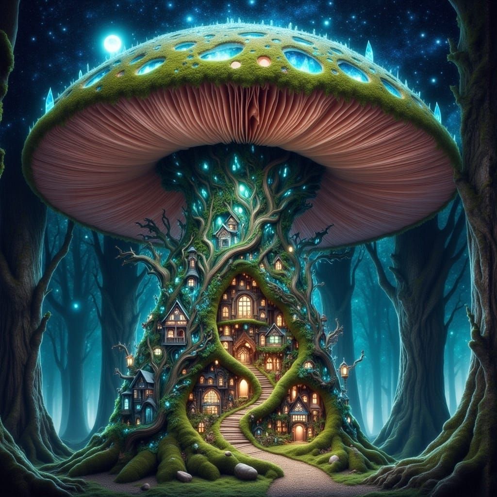 Mystical Mushroom Village in Dreamlike Storybook Style