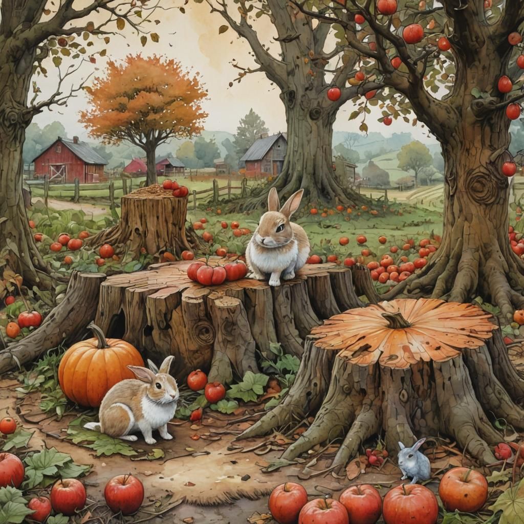 Rabbit and Pumpkin in Dreamy Watercolour Farm Scene