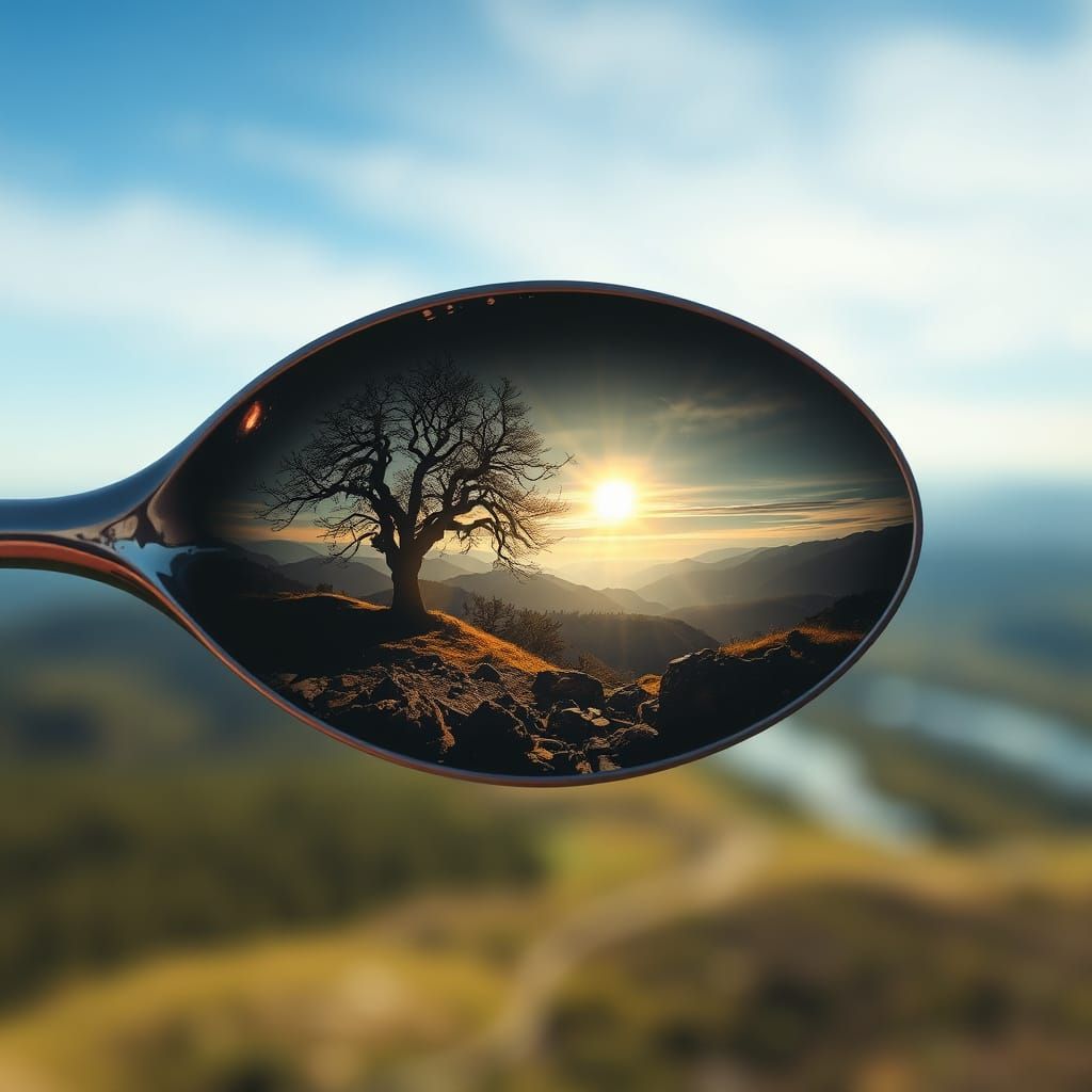 Landscape Reflected in Spoon: Double Exposure Art