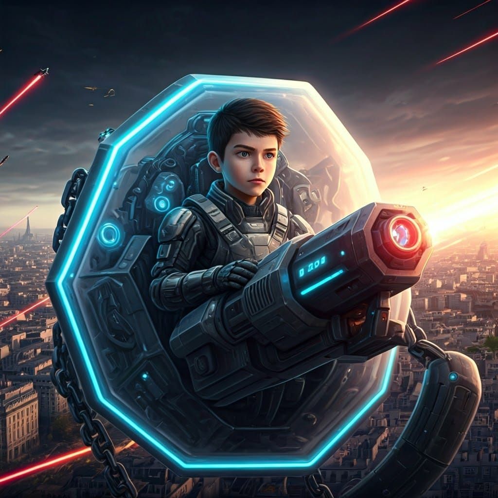 Teen Pilot in Cybernetic Mech During Air Battle