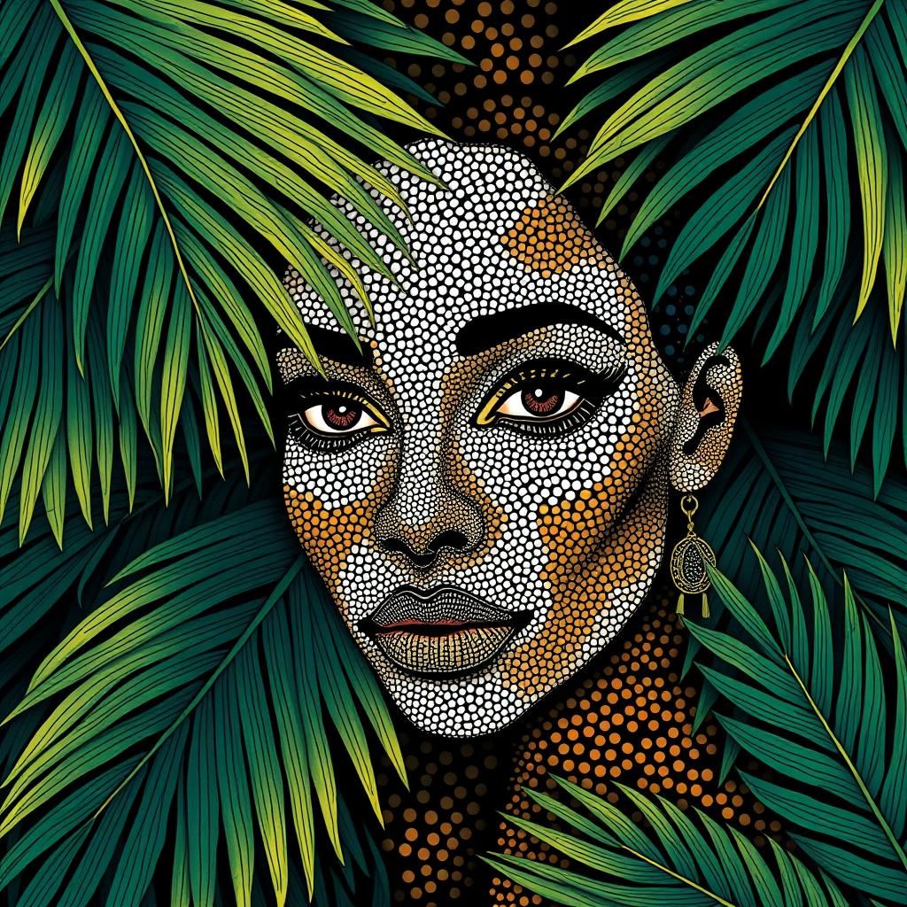Abstract Palm Fronds and Aboriginal Woman Portrait