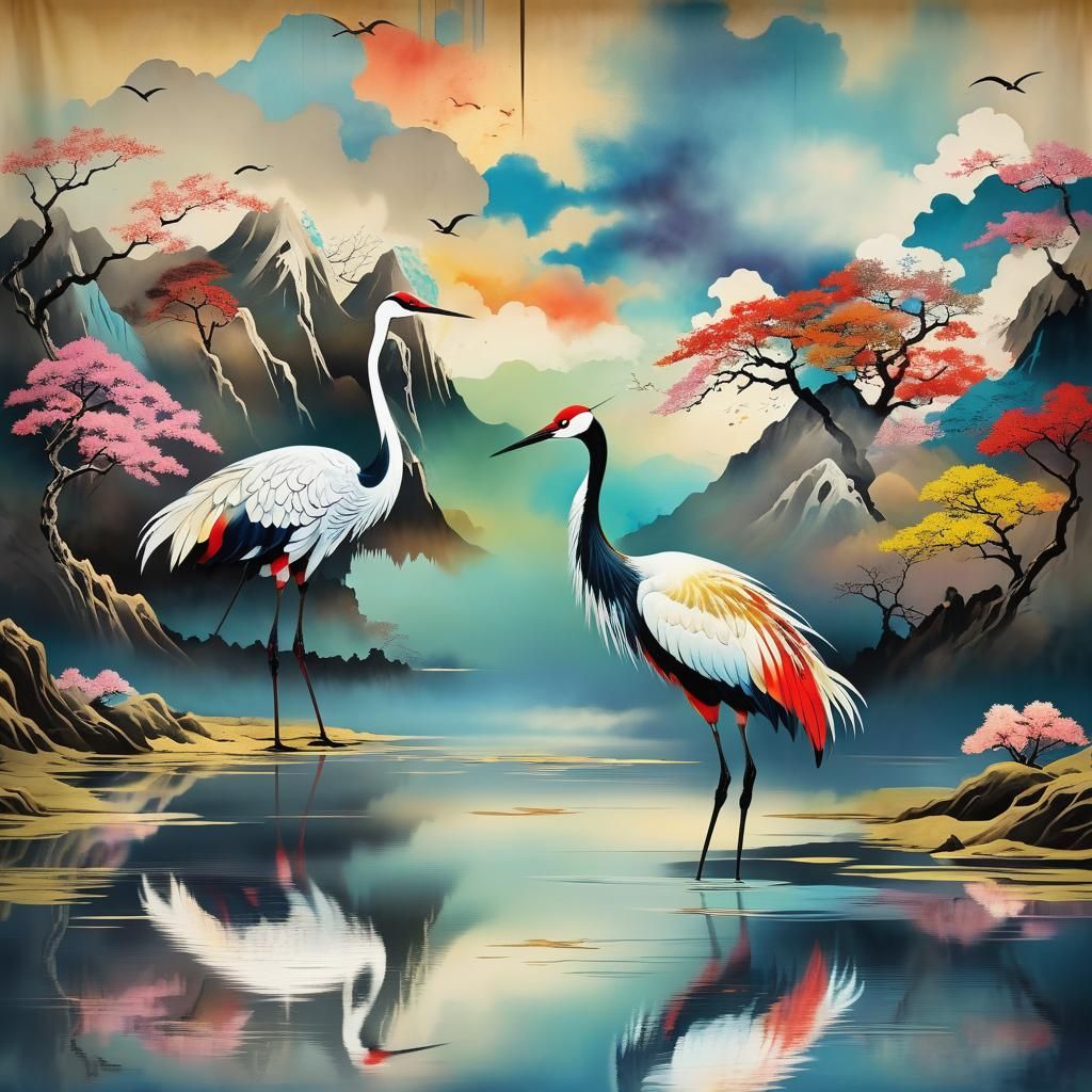 Crane in Lake: Japanese Screen Painting Style