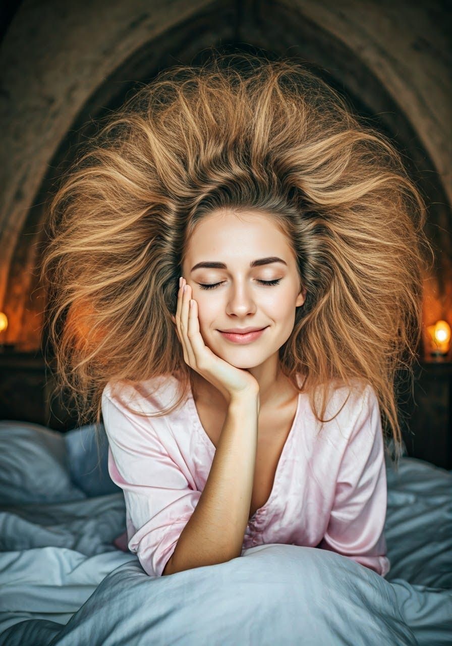 Sleepy Woman with Voluminous Hair in Medieval Bedroom