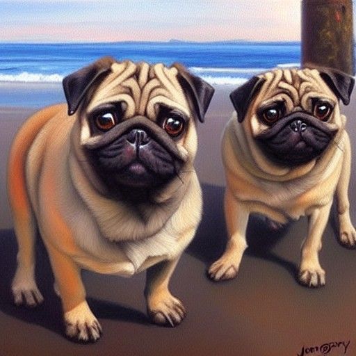 Happy Pugs in Oil Painting Style