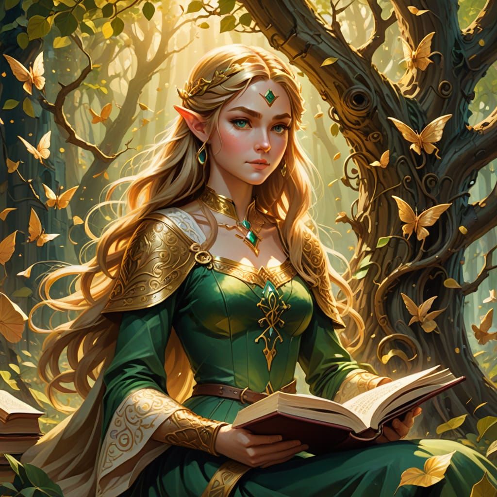 Whimsical Fantasy Princess Zelda Reading in a Tree