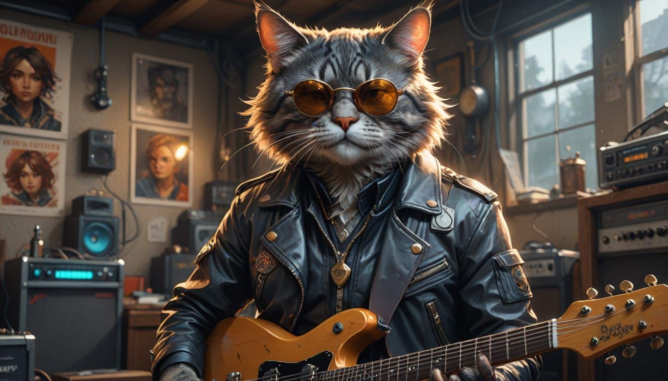 Cat Guitarist in Anime Style, Detailed Concept Art