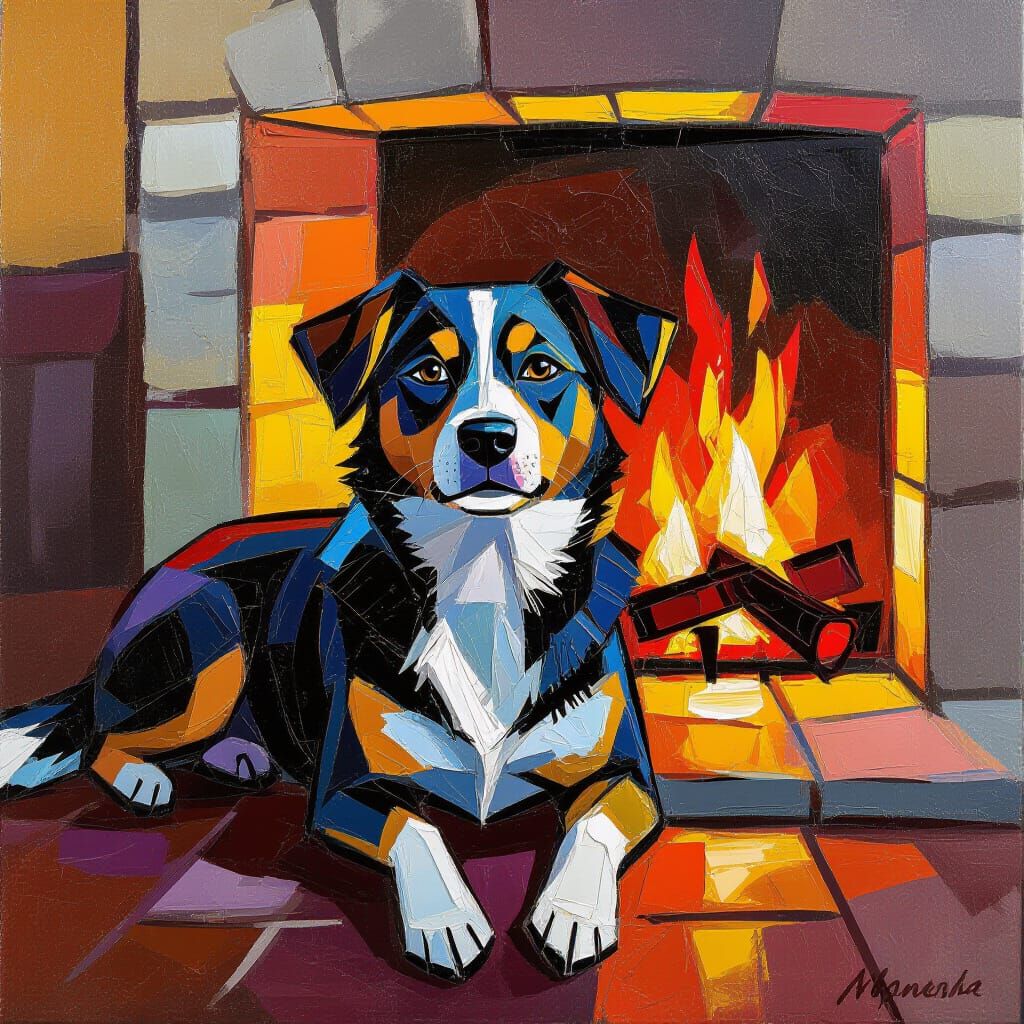 Dog Relaxing by Fireplace in Neo-Impressionist Style