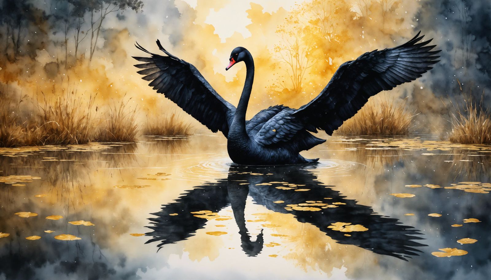 Surreal Watercolor: Black Swan on Golden Lake